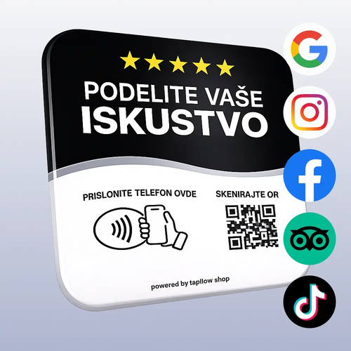 Rating button with text 'Podelite vaážkđe iskustvo' and social media icons on a light gray background.