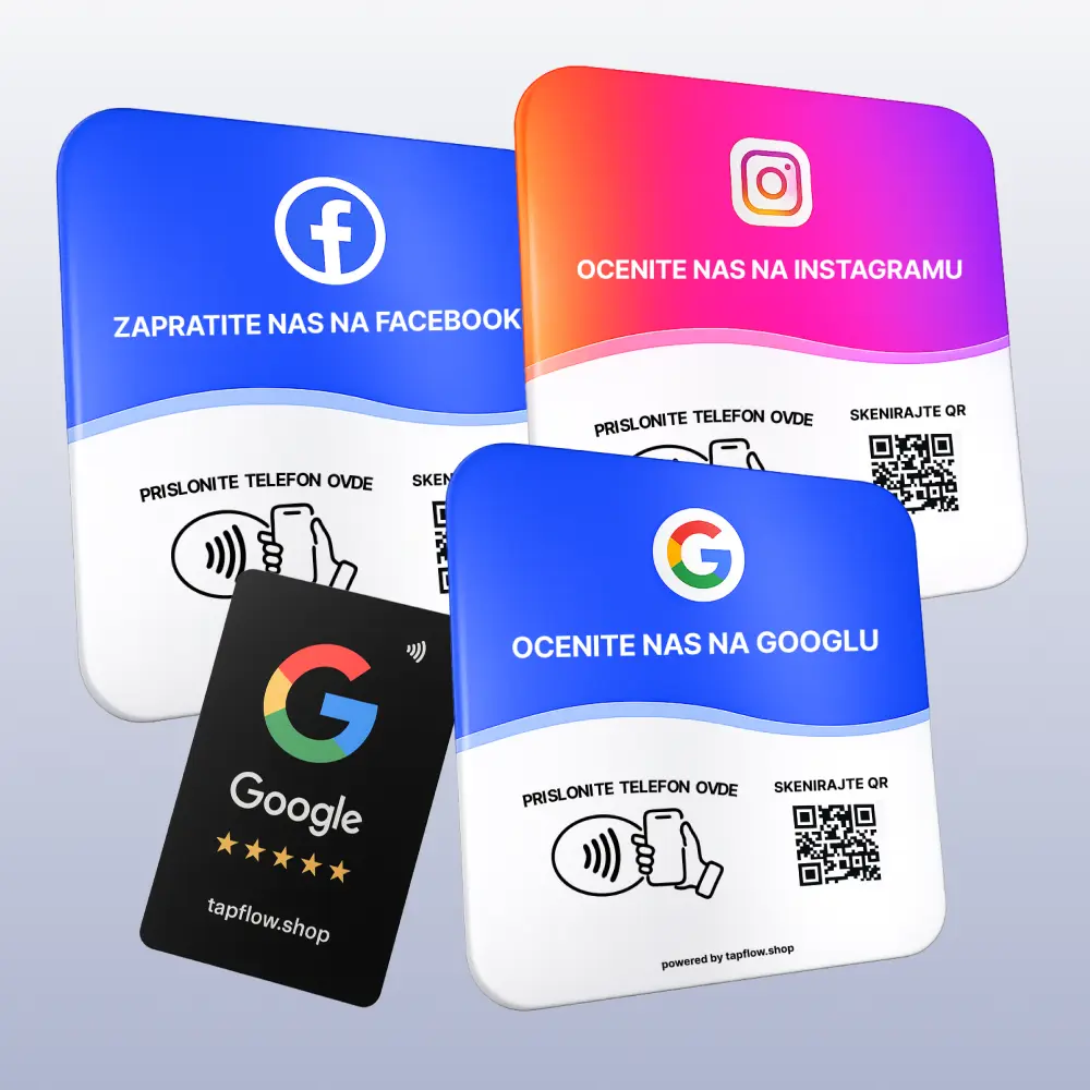 Four promotional cards with social media and Google logos on a light gray background