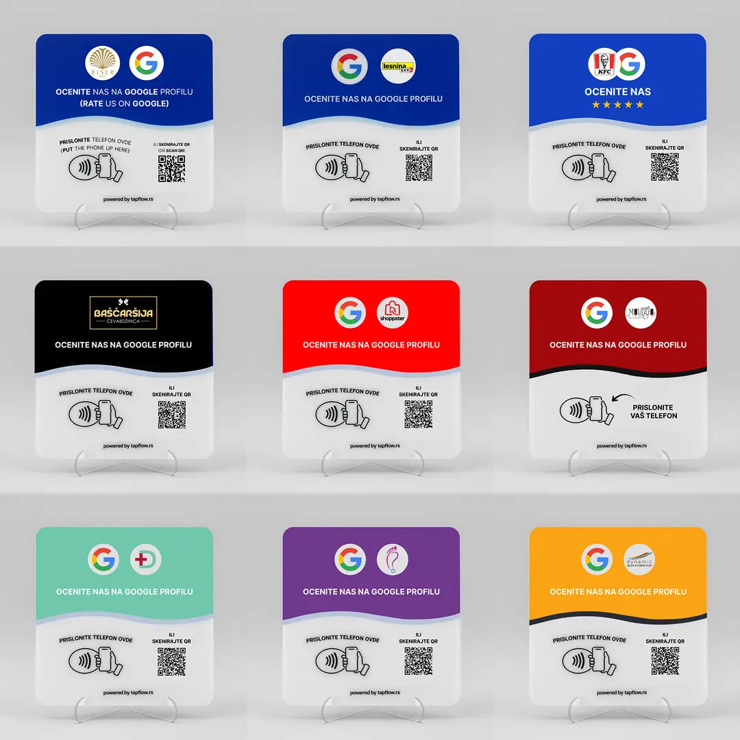 Set of nine rating cards with different colored backgrounds and Google logos.