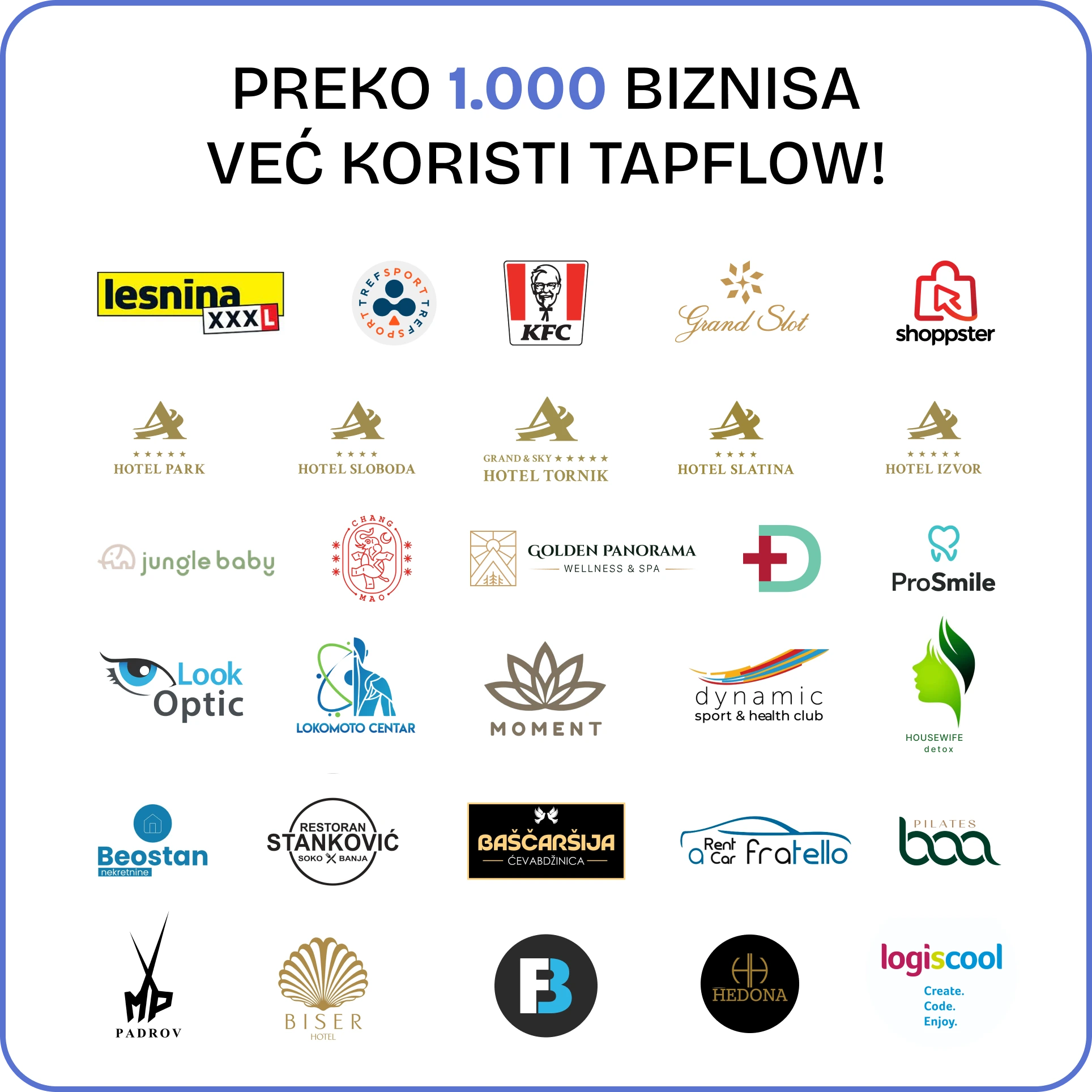 Collection of various brand logos with text in a blue border