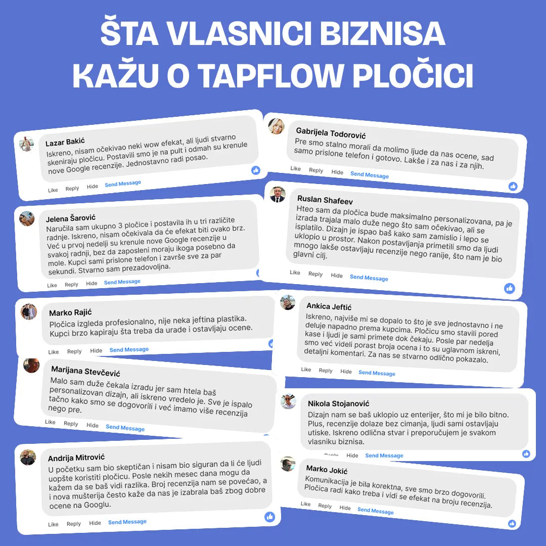 Collection of reviews or comments about Tapflow tiles on a blue background with white text.