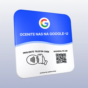Google-themed device with QR code and text on a light gray background