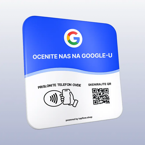 Google-themed device with QR code and text on a light gray background