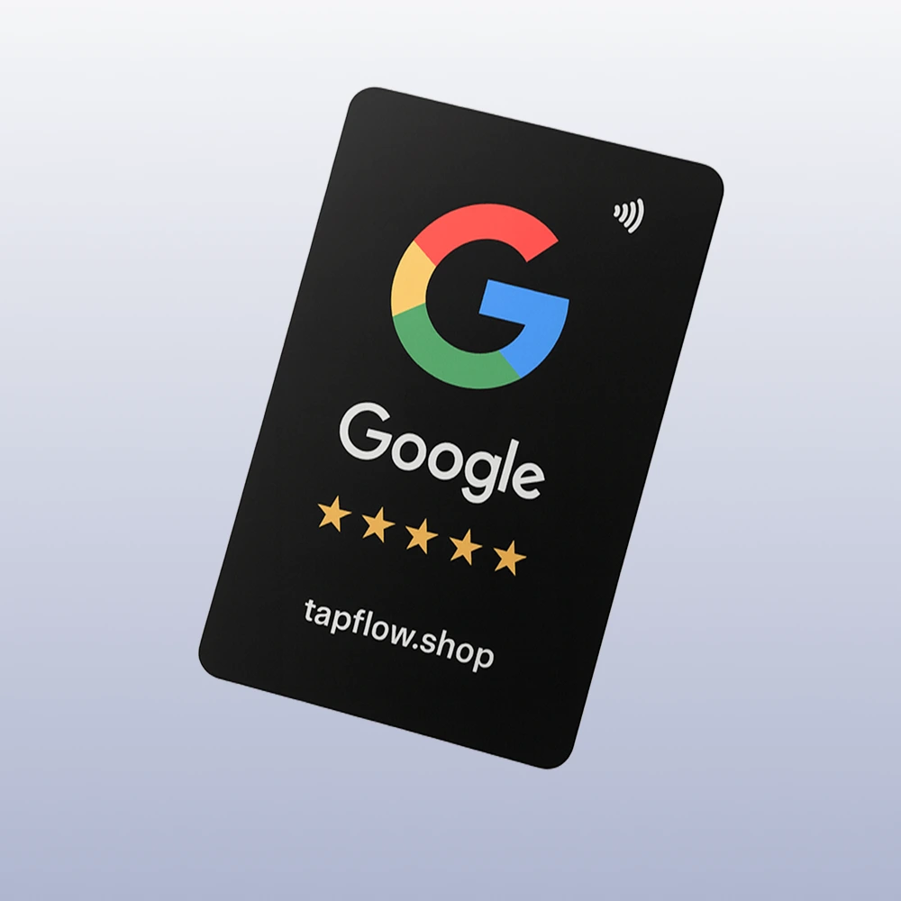 Black card with Google logo and five-star rating on a light gray background