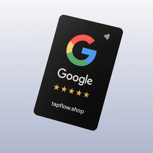 Black card with Google logo and five-star rating on a light gray background