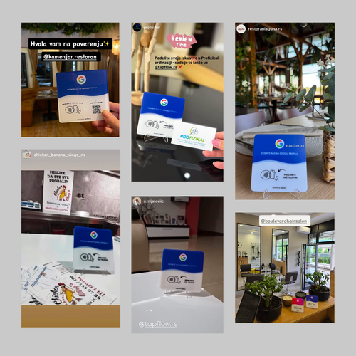 Collage of images showing blue and white signs with QR codes and text in a restaurant setting.