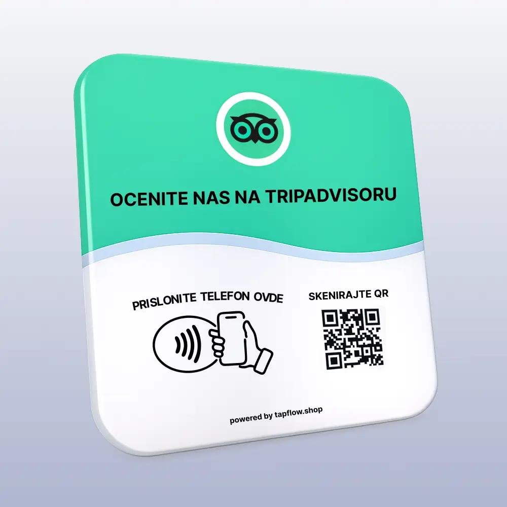 Green and white sign with QR code and text on a light gray background